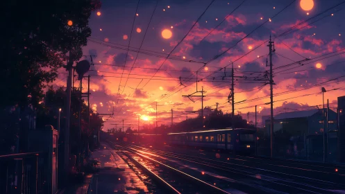 Sunset-lit city train line glows softly in the evening hush