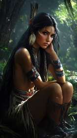 Forest-lit portrait of pensive woman in feathered adornment.