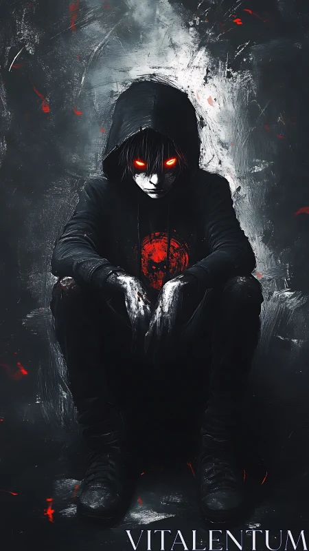 Hooded figure with glowing red eyes in dark grunge setting.