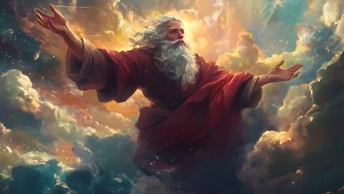 Storm-bright elder sweeps open the heavens with swirling light