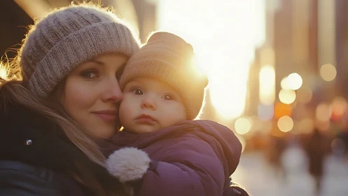Woman holds infant outdoors in backlit winter city scene
