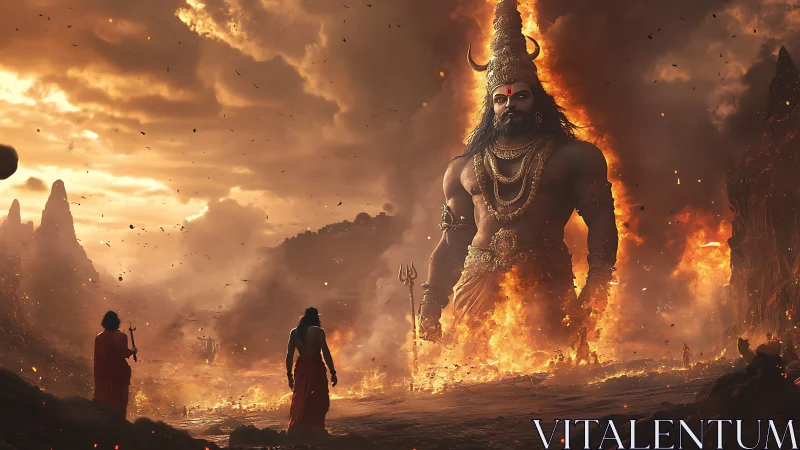 Colossal fiery deity towering above robed human figures.