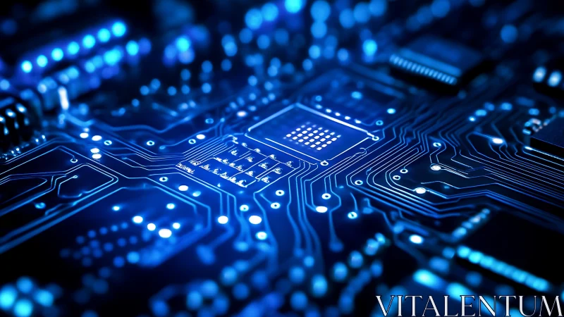 Illuminated PCB layout highlights dense microchip routing paths