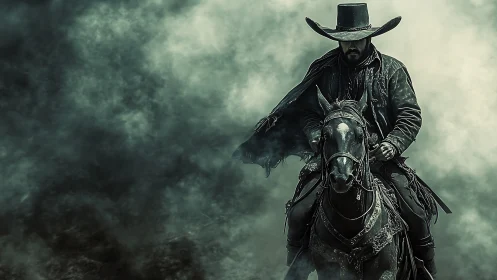 Lone cowboy rides through dense swirling green smoke.