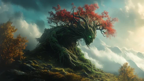 Ancient forest guardian awakens with glowing emerald eyes.