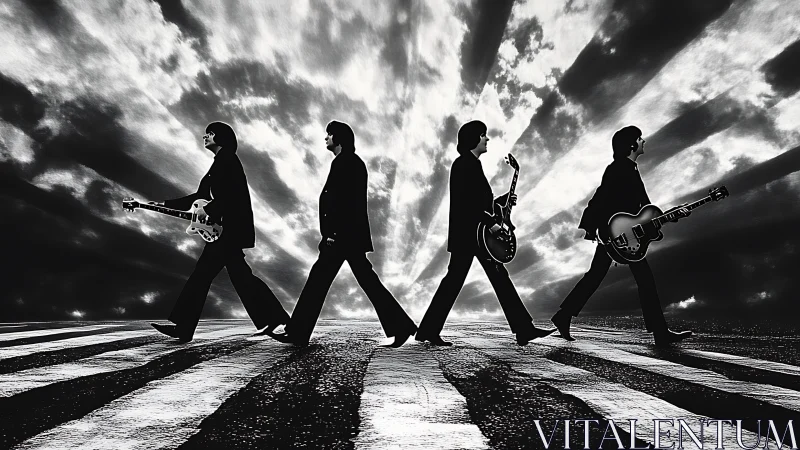 Crosswalk guitar saints striding beneath stormlit halos.