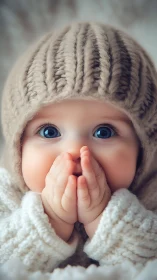 Wide-eyed winter wonder baby in creamy knitted coziness.