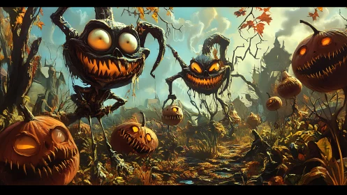Cackling pumpkin beasts prowl a haunted autumn wasteland.