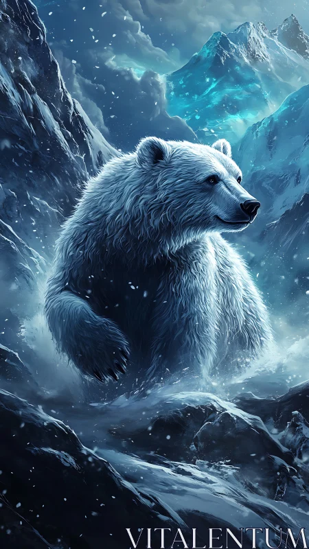 Majestic white bear strides calmly through icy mountain storm