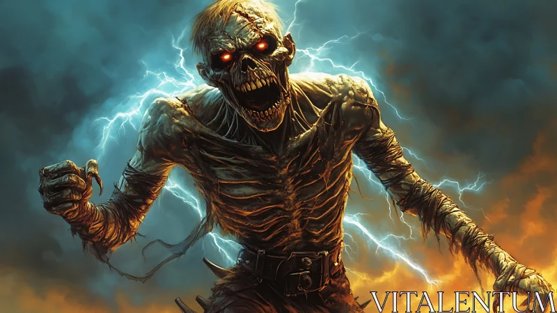 Electrified undead horror lunges through storm fire sky.