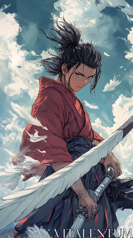 Skyward samurai stands calm beneath drifting white feathers.