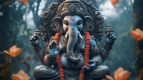 Intricate stone Ganesha idol with marigold garlands in forest