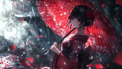 Scarlet parasol girl wandering through rainlit blossoms.