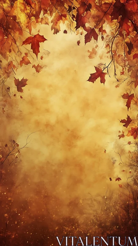 Burnished autumn canopy framing hazy golden lightscape.