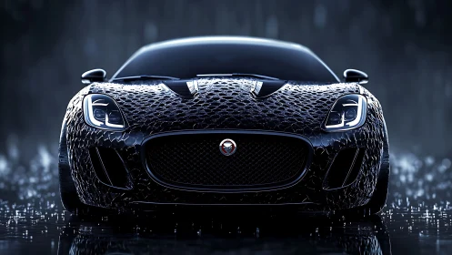 Reptilian-textured sports coupe rendered in cinematic rainlight.