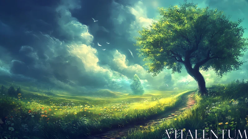 Sunlit meadow path under dramatic storm clouds.