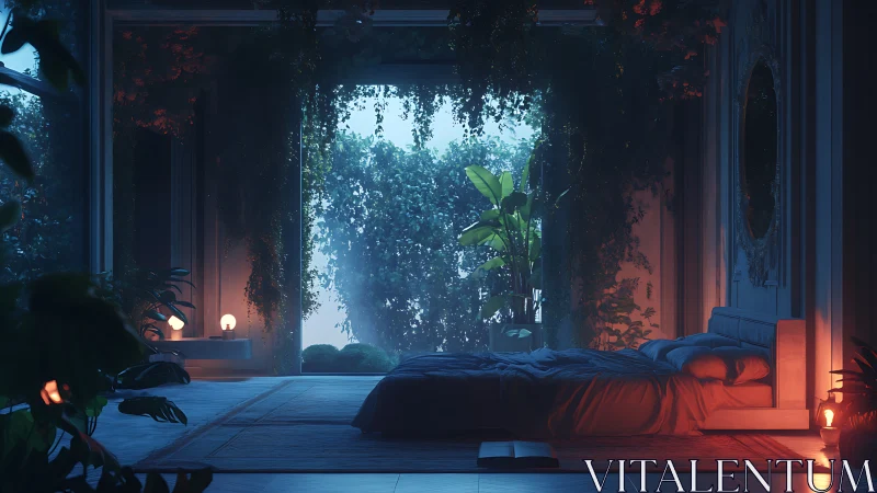 Biophilic bedroom interior with moody bicolor ambient lighting