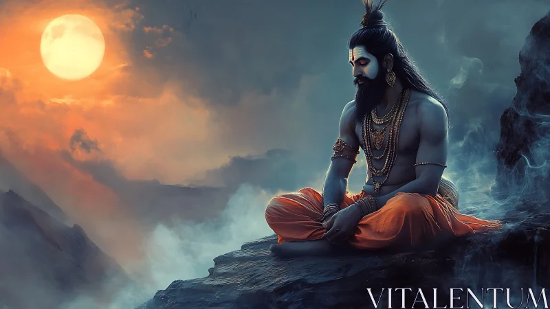 Digital rendering shows seated figure on rocky ledge at dusk