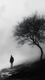 Silhouetted figure on misted slope beside winter-bare tree.