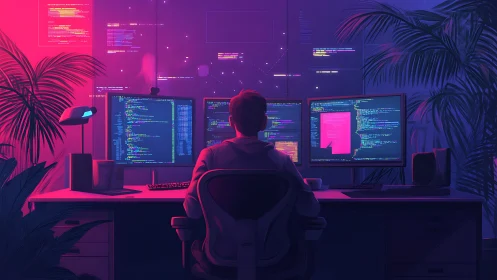 Midnight coder in neon jungle spins liquid lines of logic.