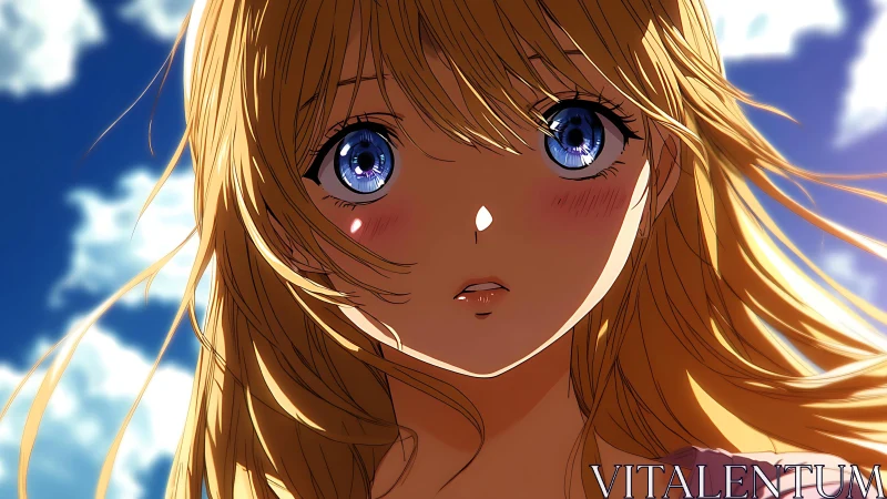 Close-up anime portrait of blonde girl under blue sky.