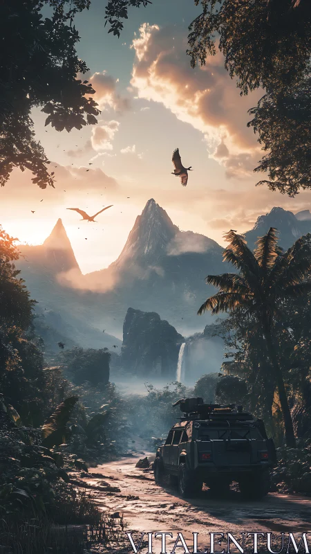 Off-road expedition vehicle enters misty Jurassic valley at dawn