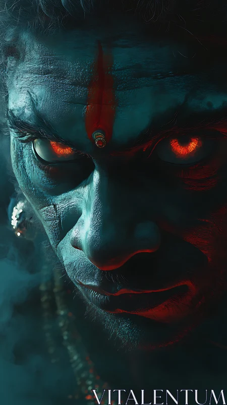 Demonic blue-faced warrior with glowing infernal eyes.