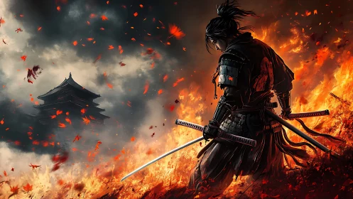 Lone samurai confronts burning battlefield under stormy skies.