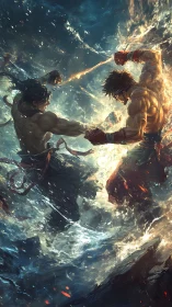 Two muscular fighters engage in combat amid turbulent water