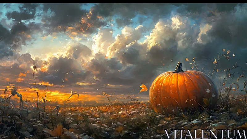 Sunlit autumn pumpkin dominates a windswept rural field