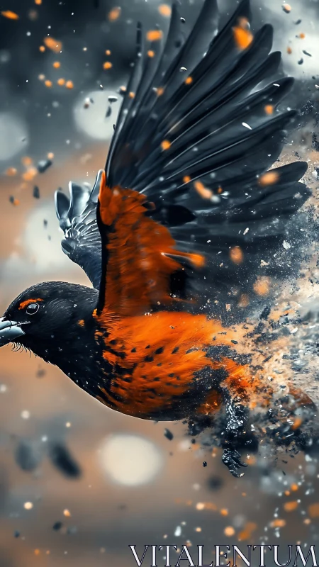 Orange and black bird in mid-flight with particle fragments.