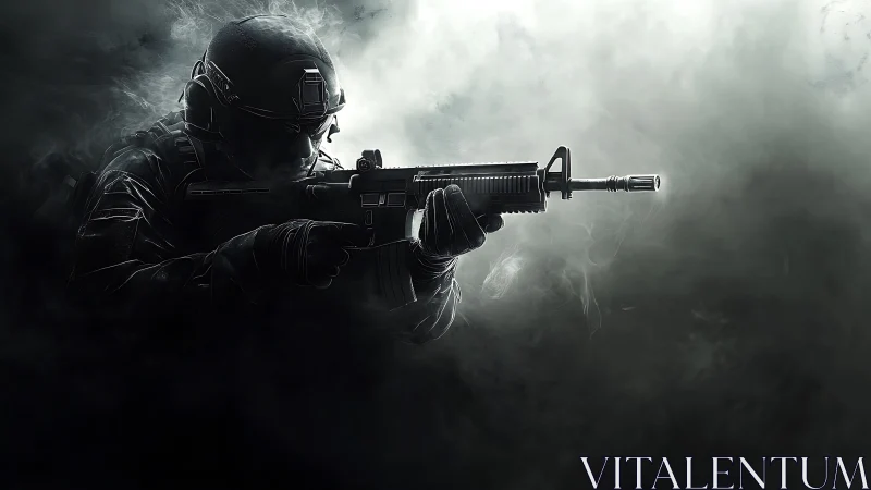 Tactical soldier holding rifle in smoke filled low light scene.