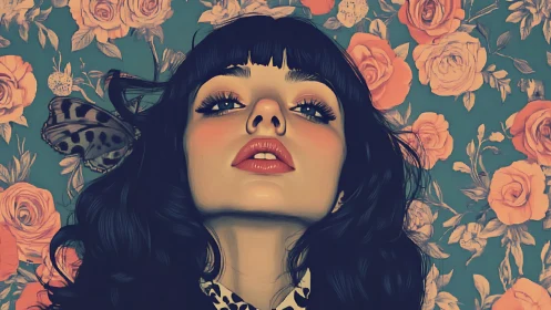 Digital portrait depicts woman before floral patterned background