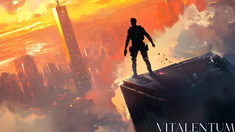 Lone rooftop sentry overlooking blazing sci‑fi skyline.