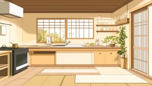 Minimalist Japanese style kitchen interior with wood surfaces.