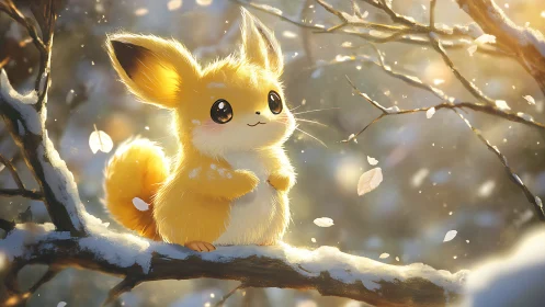 Golden fox-like creature basks on snowy branch at sunrise
