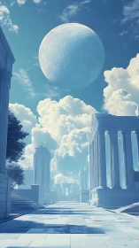 Neoclassical Celestial Avenue in Monochrome Blue Digital Painting.