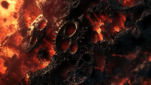 Molten industrial gears embedded in burning rock.