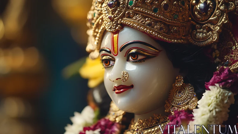 Ornate Hindu goddess idol close-up with jeweled crown and garlands