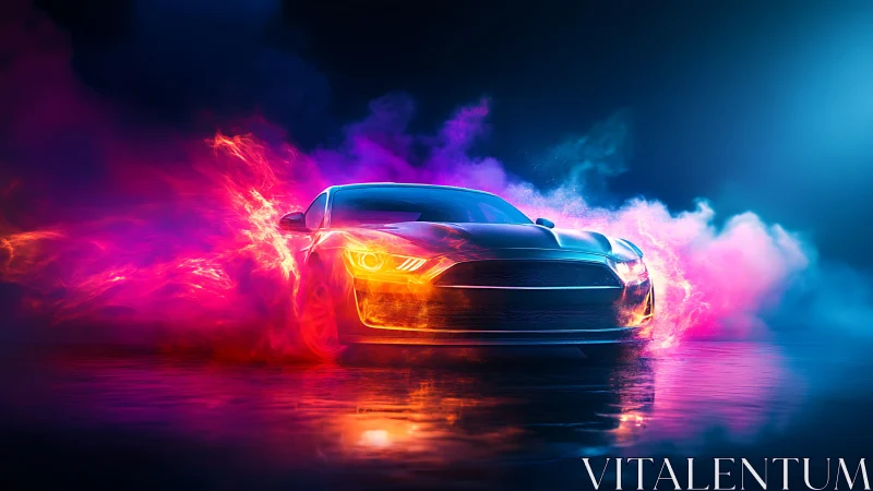 Sports car charges forward through neon smoke and flames