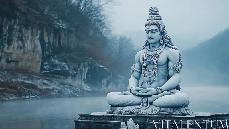 Serene meditative deity statue beside misty river bank.