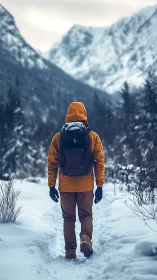 Solo hiker walks snowy forest trail toward mountain pass.