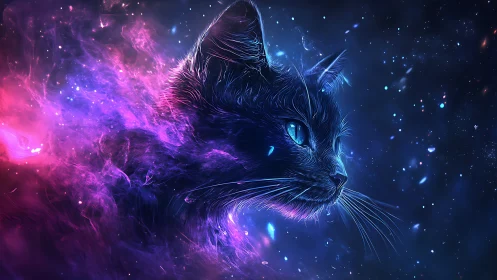 Cosmic Feline: Digital Composition with Neon Nebula Aura