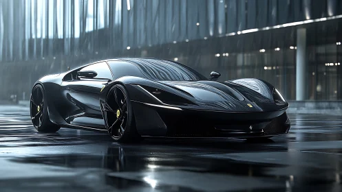 Low-angle render of wet-surfaced black hypercar in reflective rain
