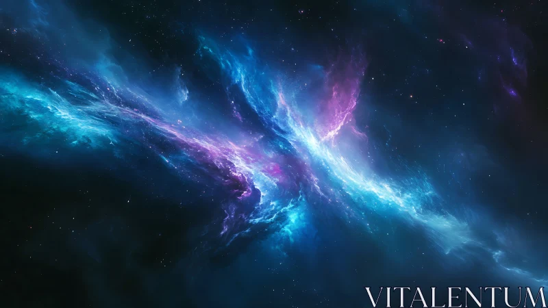 Luminous cyan and violet nebula streaming through space.