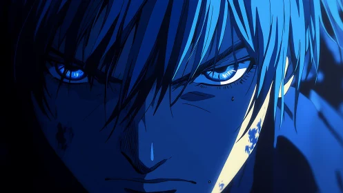 Blue blaze stare of a battleworn anime antihero at midnight.