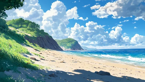 Sunlit shore stretches toward cloud castles over cyan waves