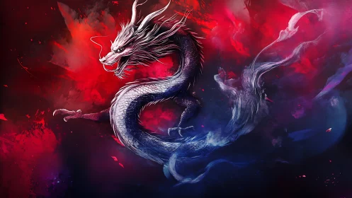 Celestial dragon coils through crimson storms of swirling magic