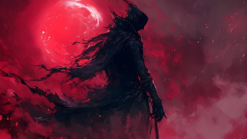 Hooded warrior silhouette against swirling blood moon.