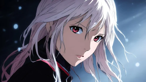 White-haired anime character looks back under cold blue light